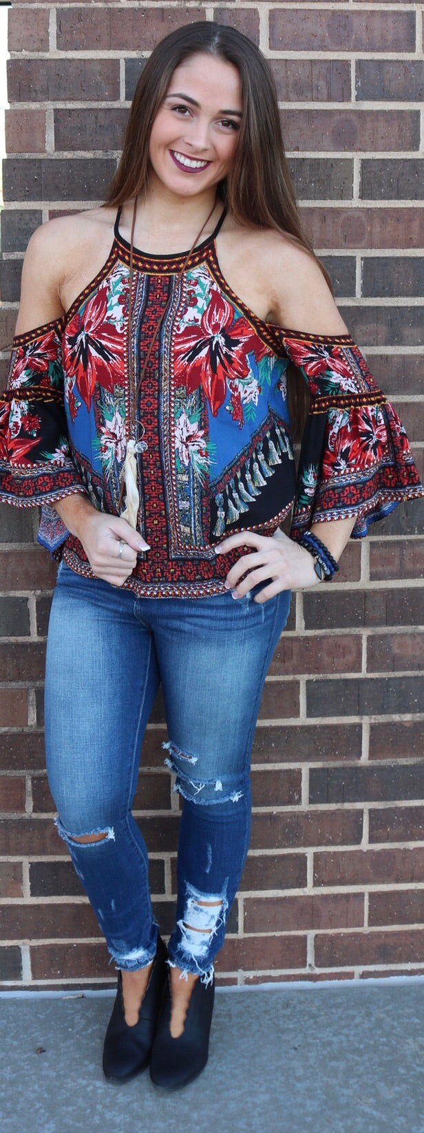 ENCORE PiecePrint ColdShoulder 3/4 FlareSleeve Top