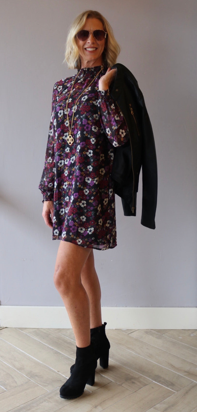 *BOBI BLACK Floral OLSEN Smock Neck Dress