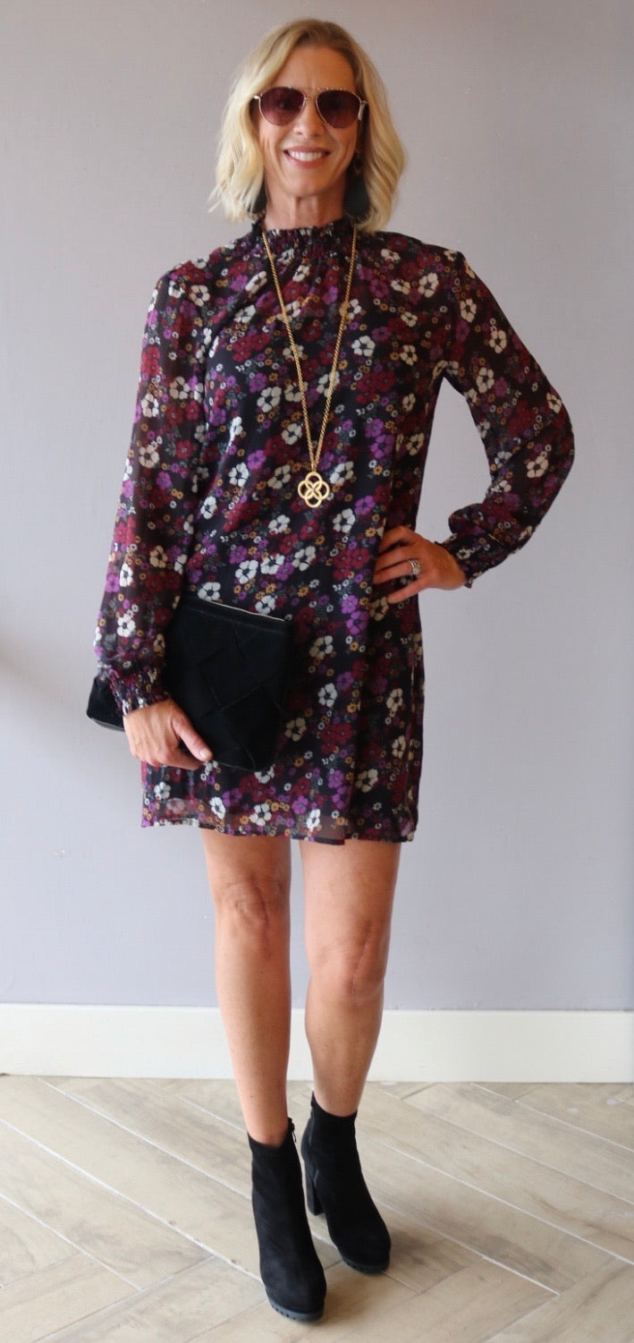 *BOBI BLACK Floral OLSEN Smock Neck Dress