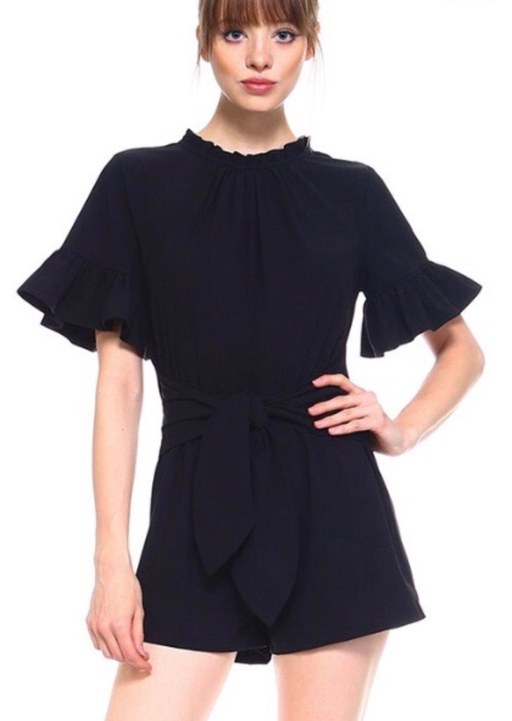AWESTRUCK Gather Neck Ruffle Sleeve Tie Front Romper