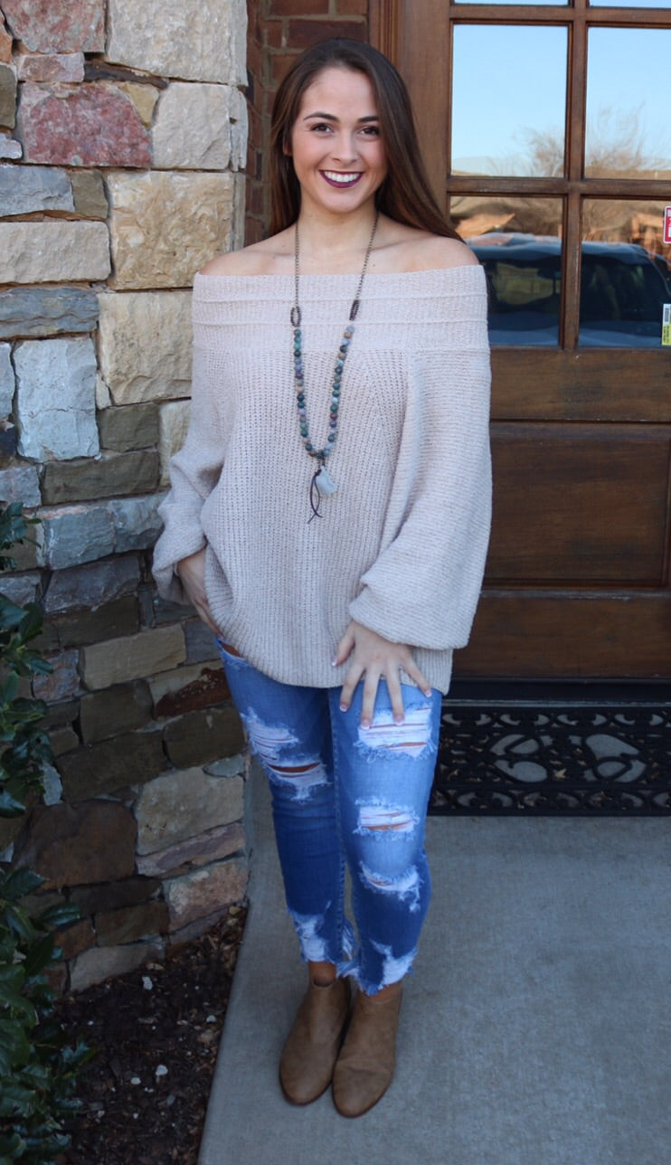FIRESIDE OffShoulder/BoatNeck BubbleSleeve Knit Sweater Top