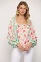 *REACTION Mix Print Square Neck Lace Trim Top