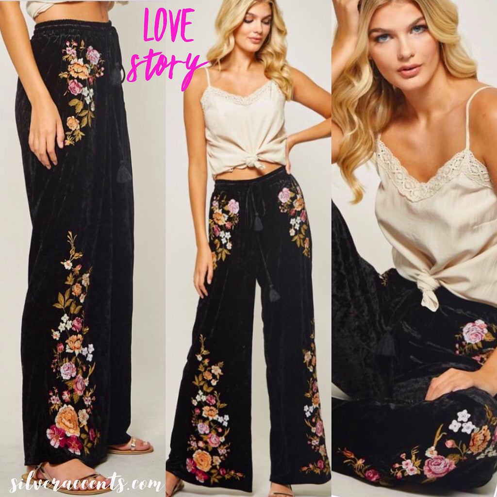 LOVE STORY Velvet Embroidered Floral Palazzo Pant