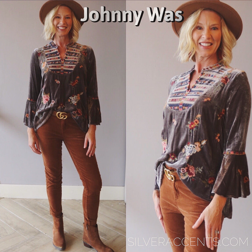 JOHNNY WAS Velvet SISILIA Embroider FlareSleeve Blouse Top – Silver Accents