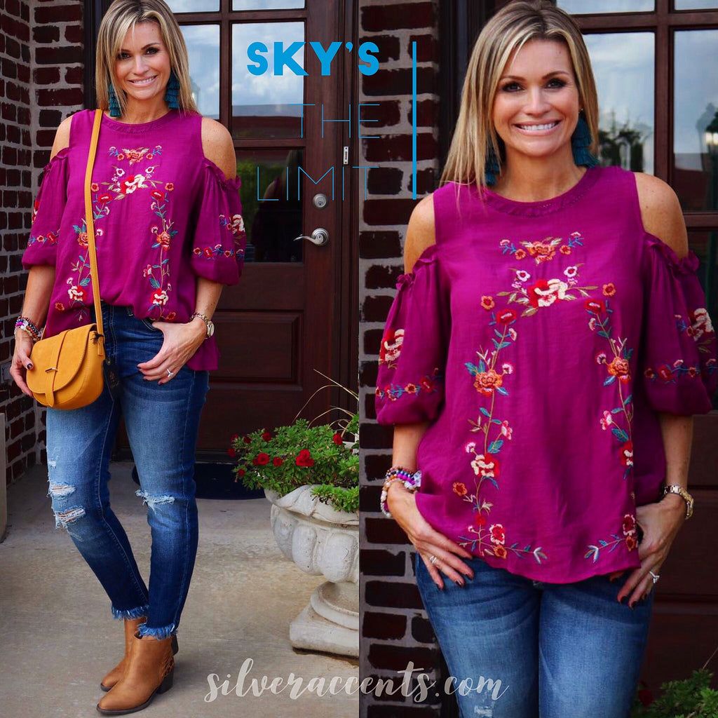 SKY’S THE LIMIT Embroidered Floral ColdShoulder Woven Top