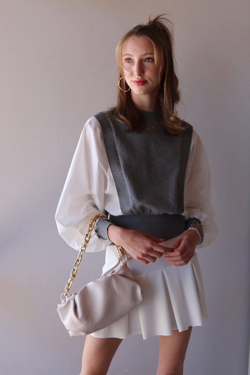 TULLY BalloonSleeve MixMedia Poplin/Sweater Top