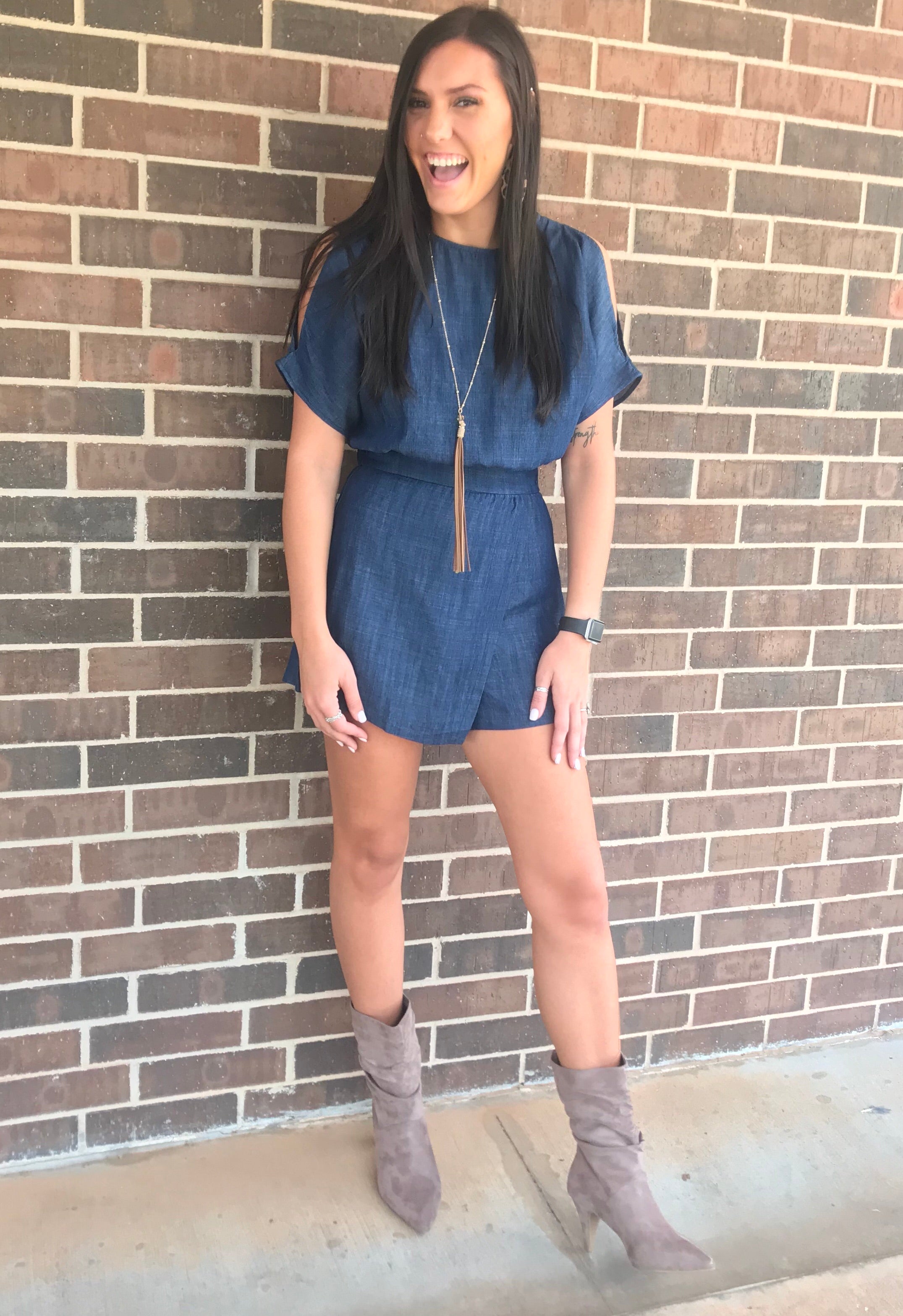 TCEC Denim FORESIGHT Slit Sleeve Faux Wrap Short Romper