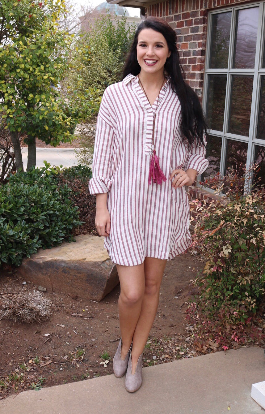 SHERWOOD Stripe SplitNeck ScoopHem Collared ShirtDress