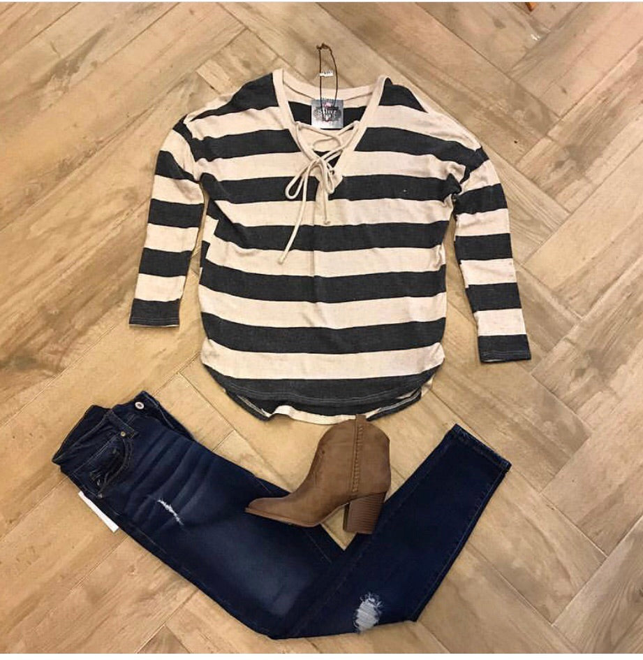 LINEUP Stripe LaceUp Tie SuperSoft BrushKnit Top