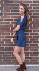 TCEC Denim FORESIGHT Slit Sleeve Faux Wrap Short Romper