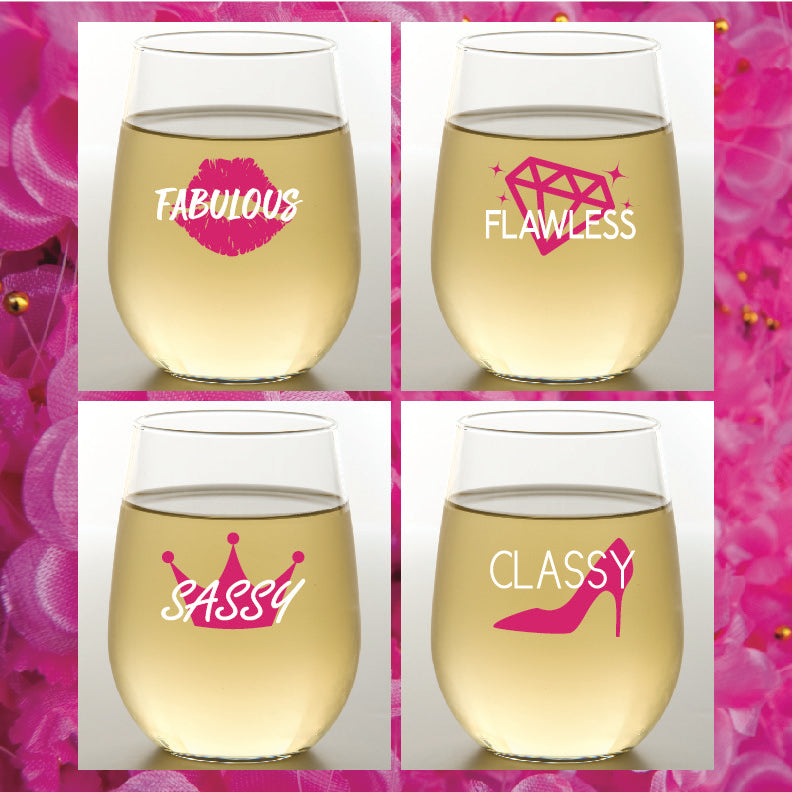 4 PACK Designer Shatterproof Logo Stemless Wine Glasses