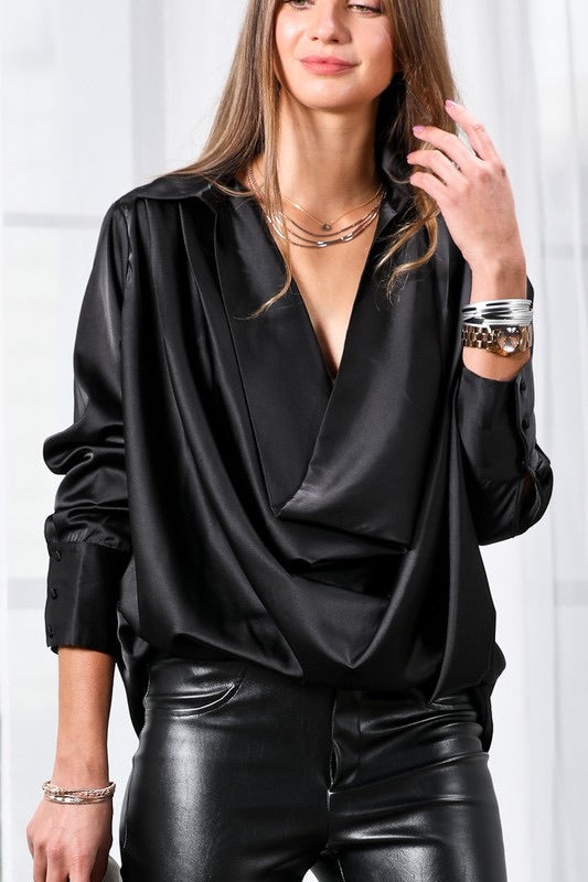 BRAZEN Collared Cowl~Neck Satin Top