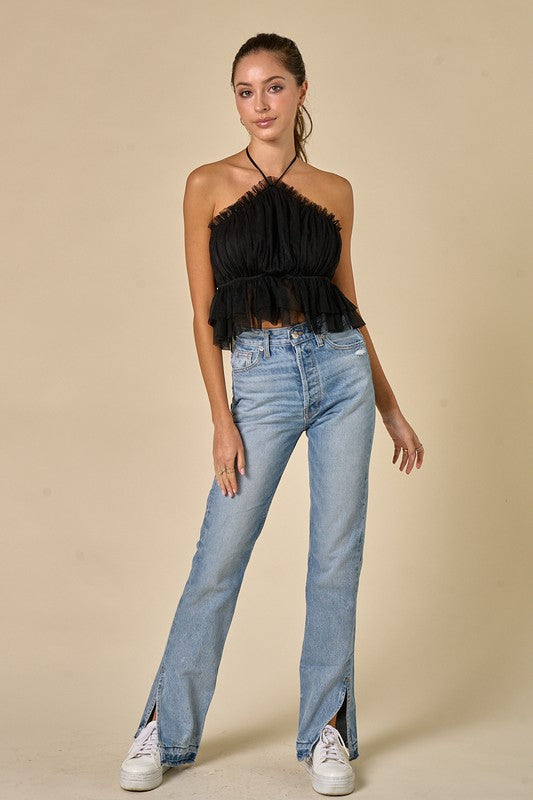 WINK Cross~Neck Ruffle Organza Top
