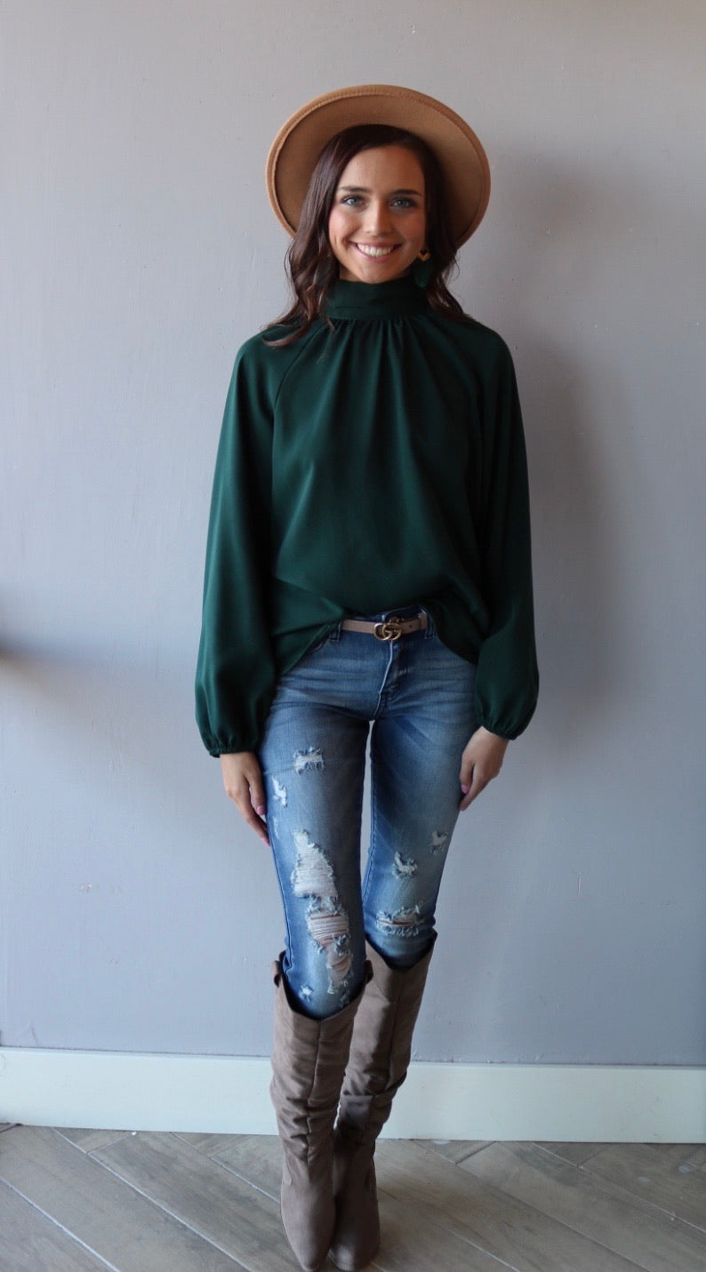 ENCHANTED HiNeck Tie KeyHole Back LongSleeve Top