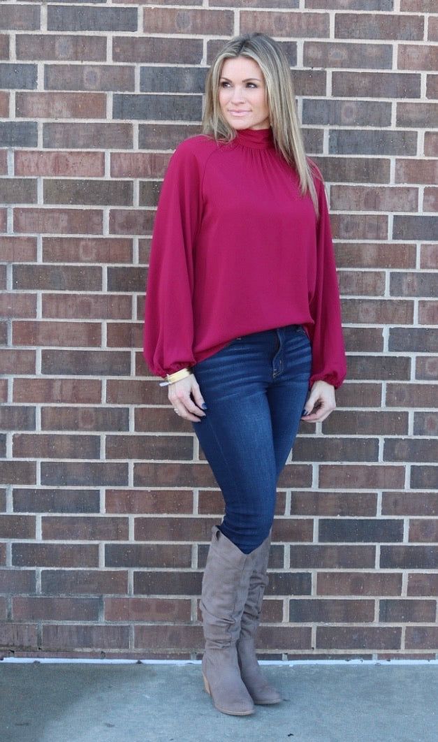 ENCHANTED HiNeck Tie KeyHole Back LongSleeve Top