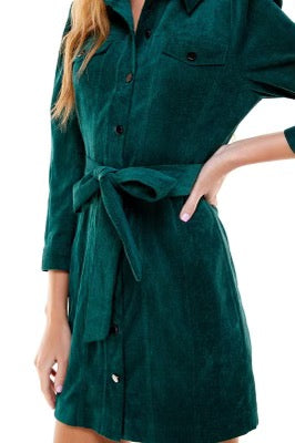 CLARITY Corduroy PuffSleeve TieWaist Dress