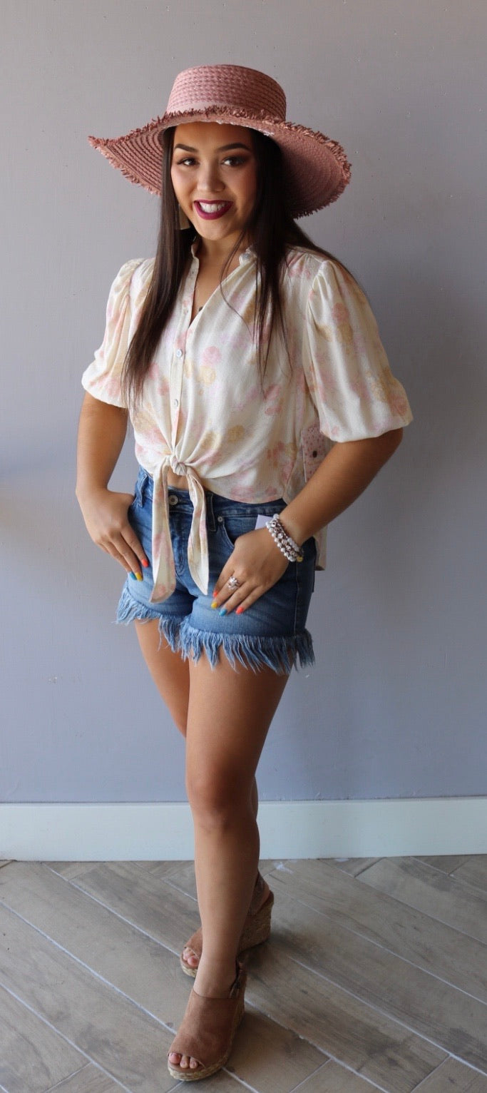 FREE PEOPLE Ivory CELIA Floral Print ButtonDown TieFront Top