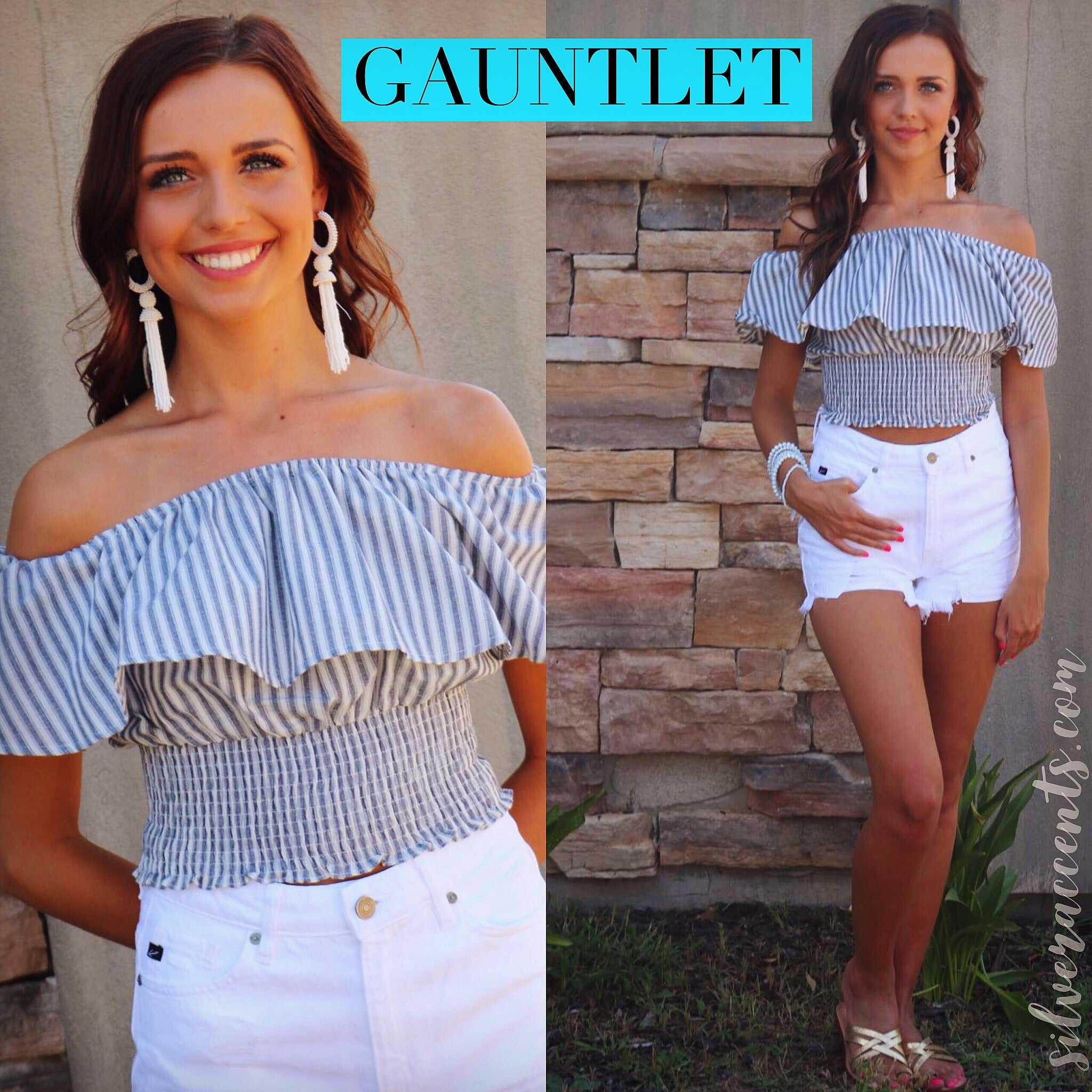 GAUNTLET Stripe Ruffled OffShoulder SmockBottom Woven Top
