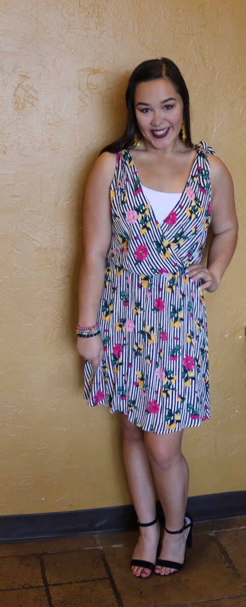 CALLIE Stripe/Floral V-Neck TieShoulder Dress