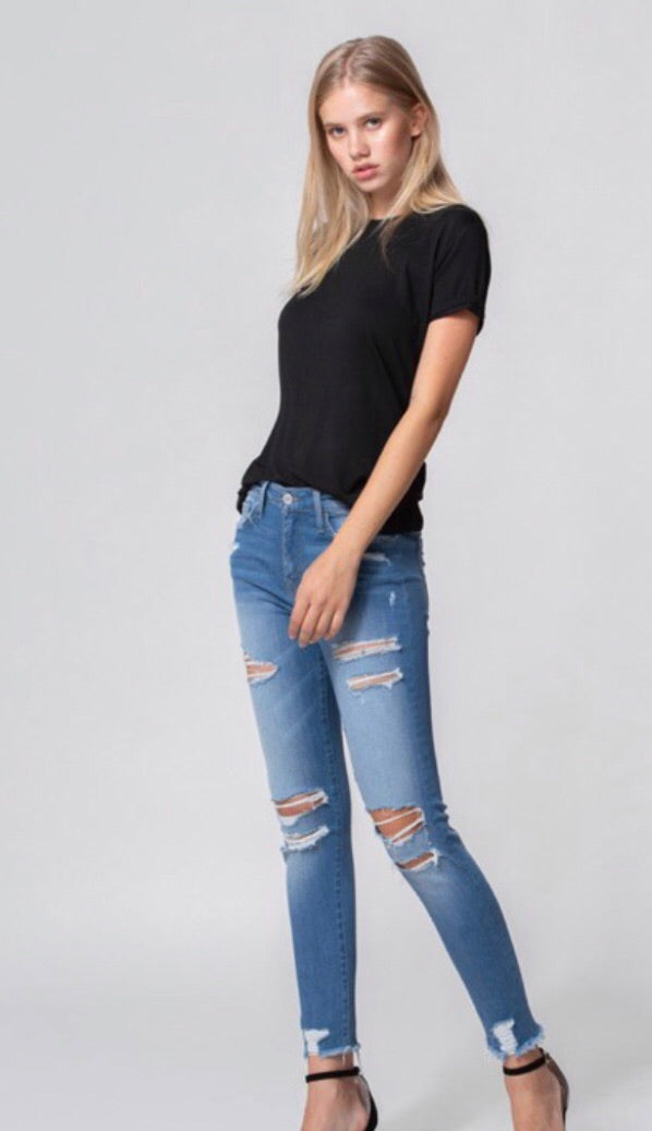 FLYING MONKEY MidRise GOLDEN BLUE Distressed Fray Hem Skinny Jeans