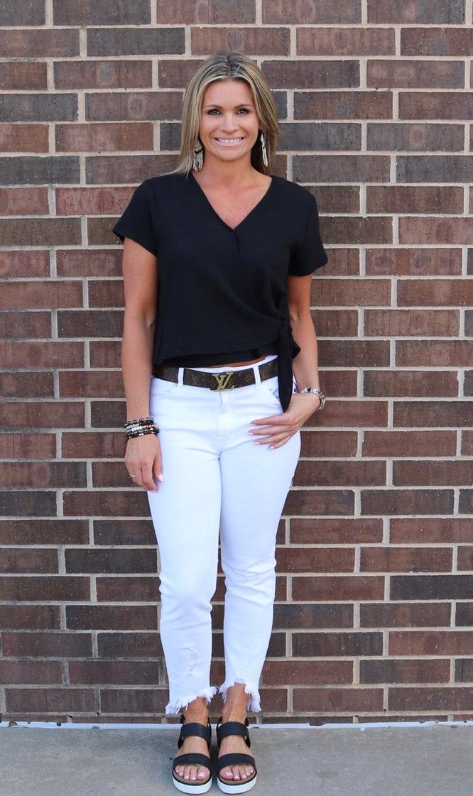 Umgee PULSE Crossover V-Neck TieBottom Wrap Slub Jersey Top