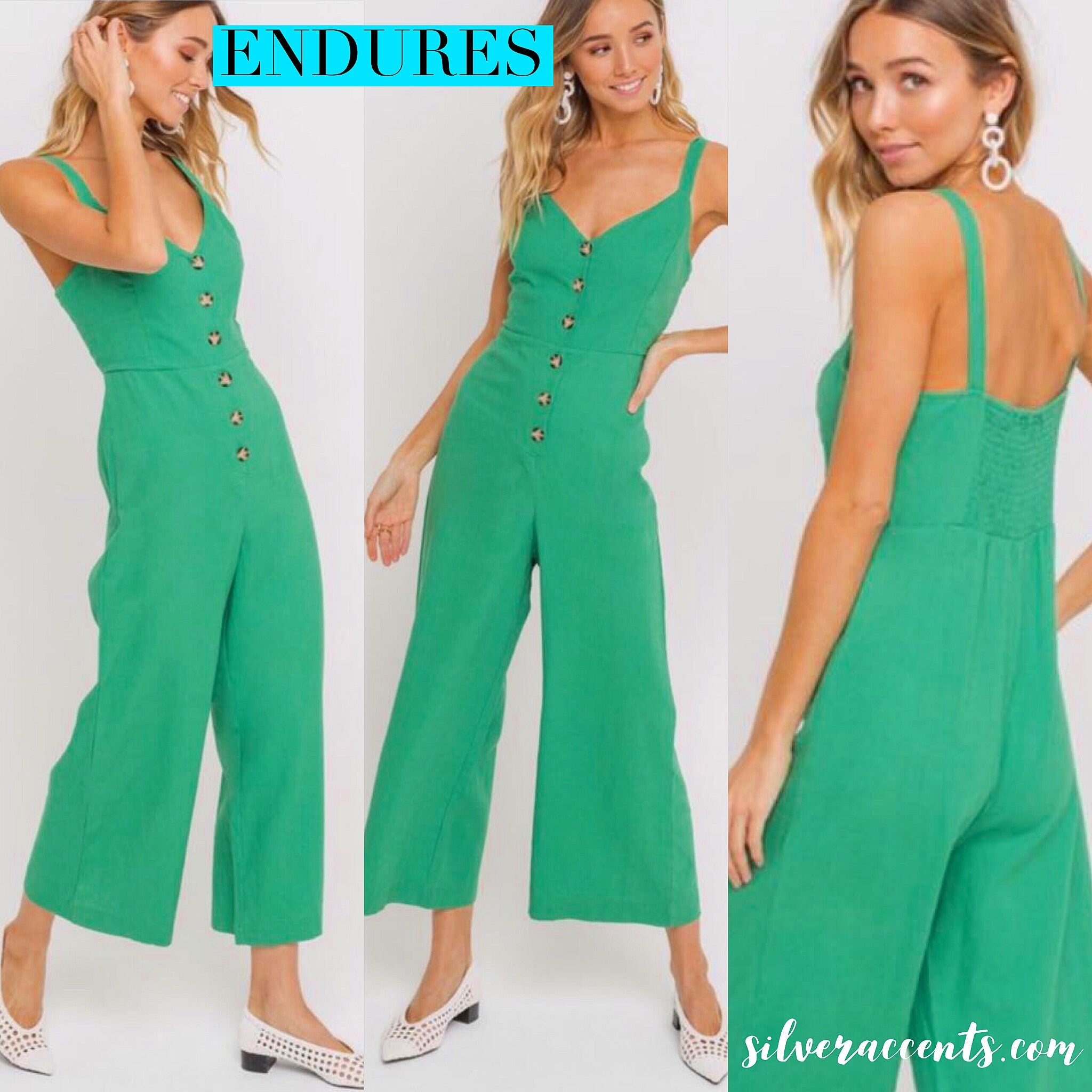 LUSH ButtonDown ENDURES SmockBack Linen Jumpsuit Pant Romper