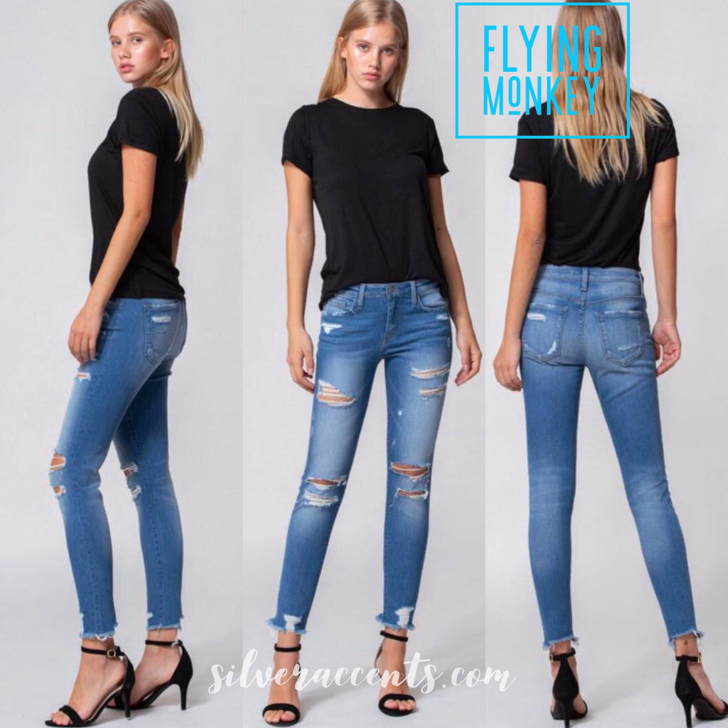 FLYING MONKEY MidRise GOLDEN BLUE Distressed Fray Hem Skinny Jeans