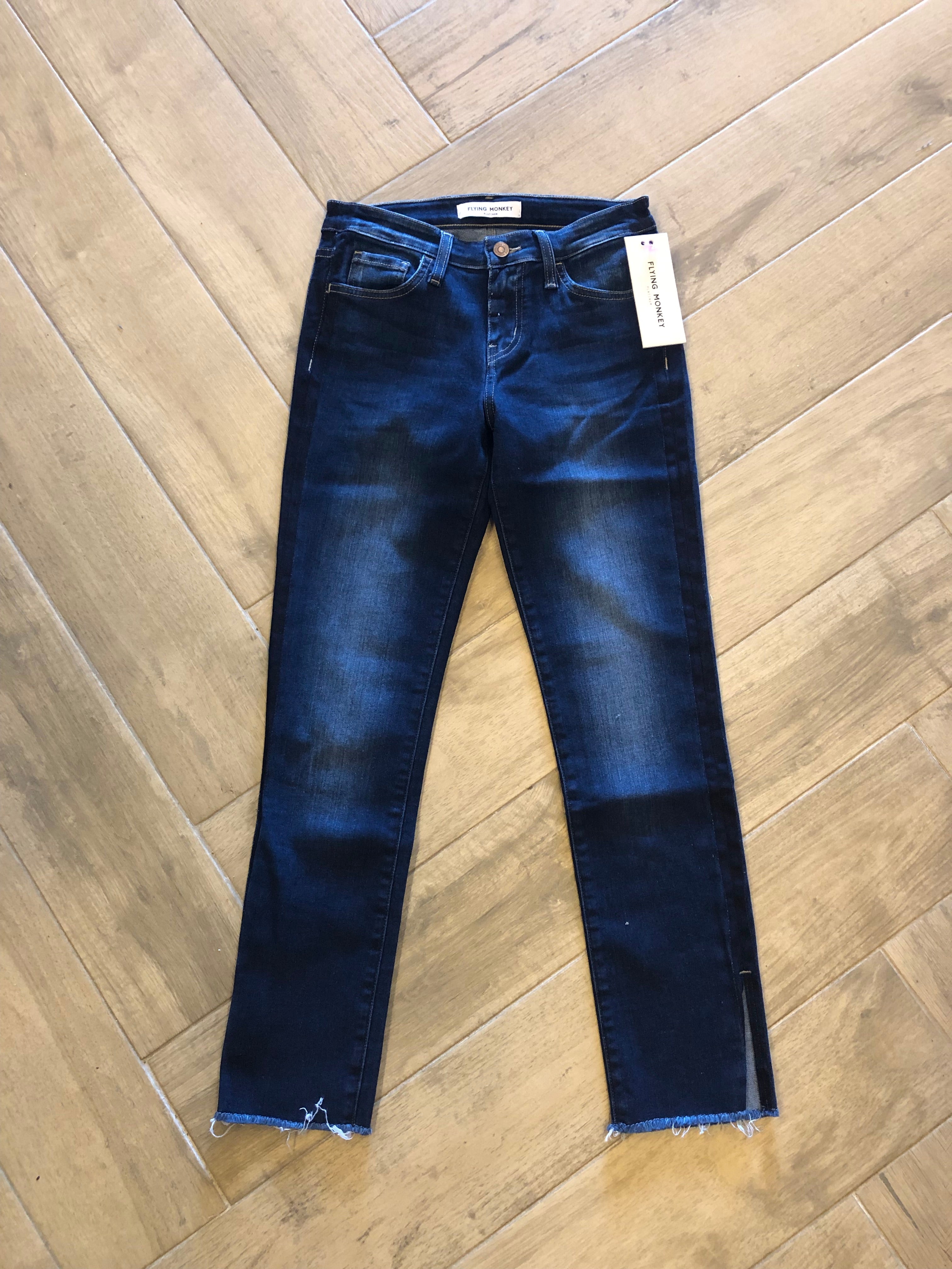 FLYING MONKEY MidRise DARK CASTOR Tux-Stripe SideSlit Jeans