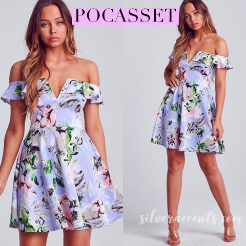 POCASSET Floral OffShoulder V-Cut Neck Fit & Flare Dress