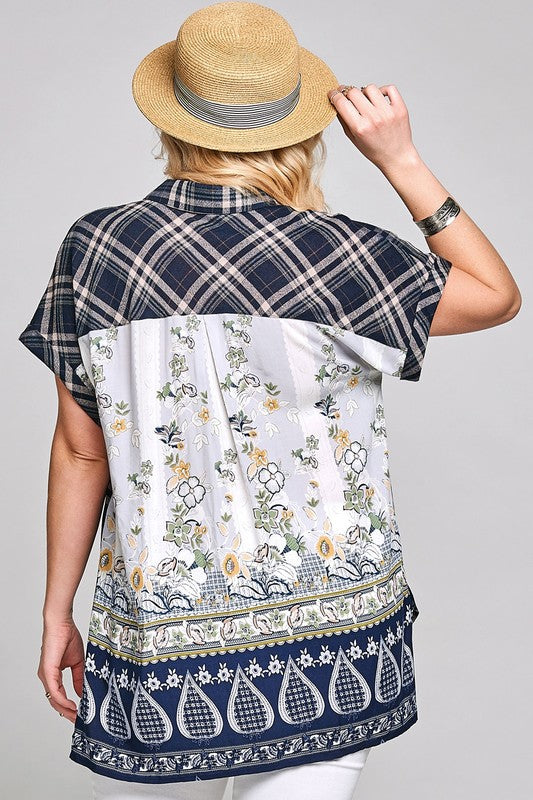 ENCOUNTER Plaid/ Floral Border Navy Top