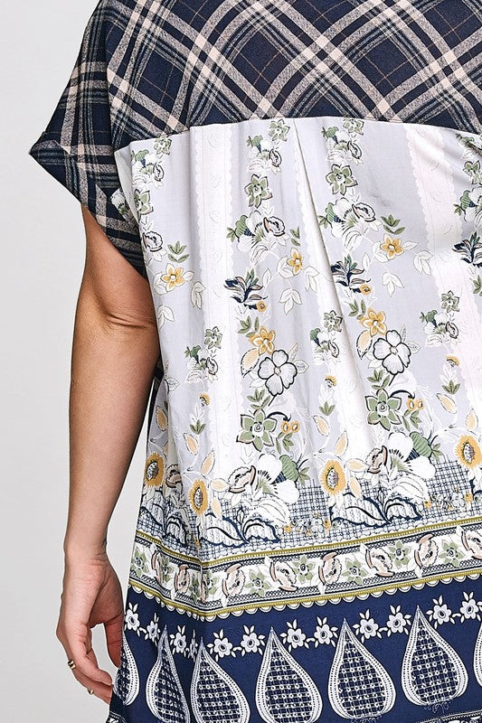 ENCOUNTER Plaid/ Floral Border Navy Top